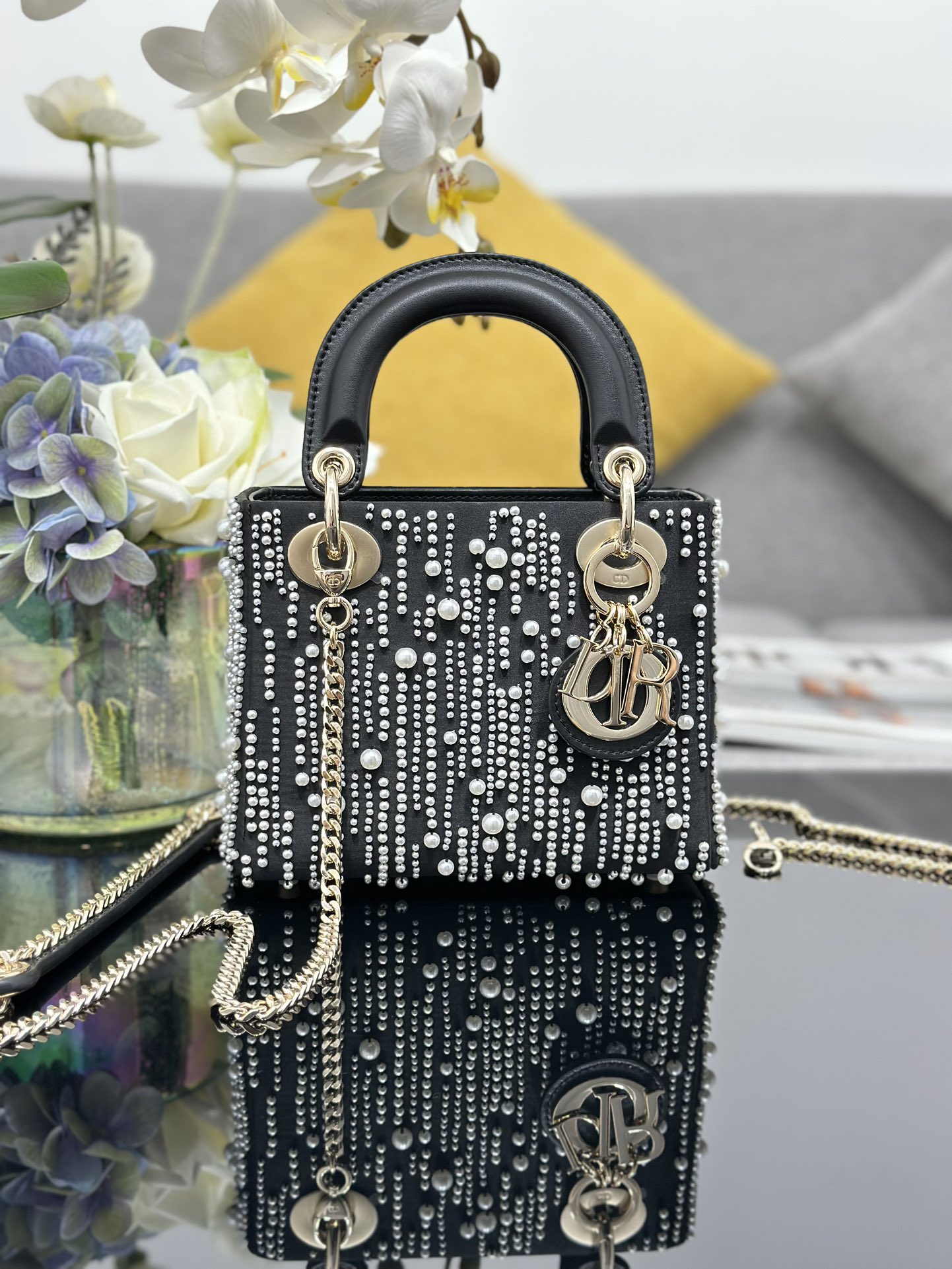 Mini Lady Dior Bag Black Satin Embroidered with White Resin Pearls